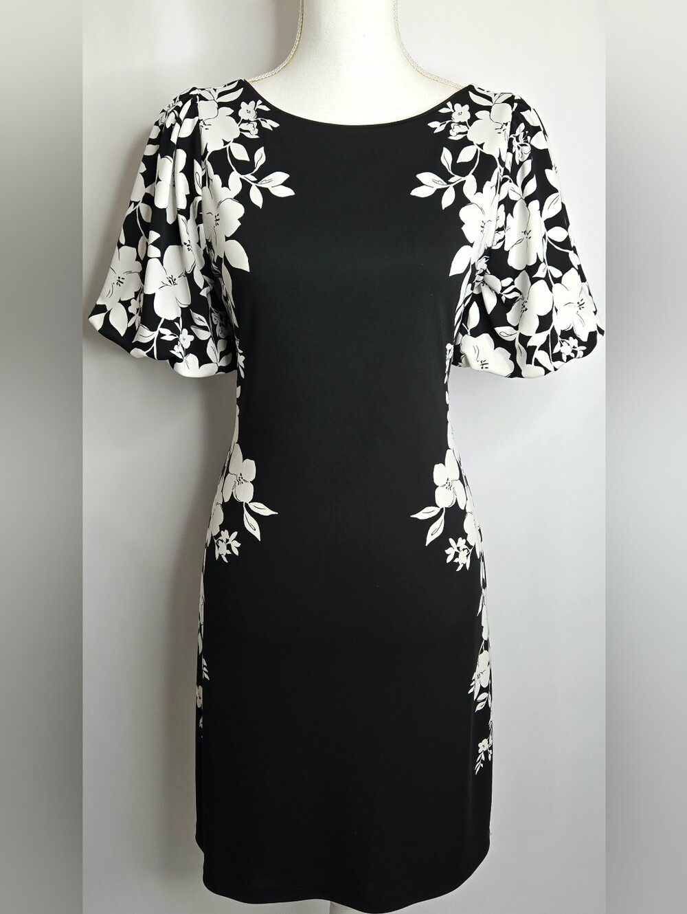 WHBM Black White Floral Bell Sleeve Sheath Wedding Guest Dress NWOT S